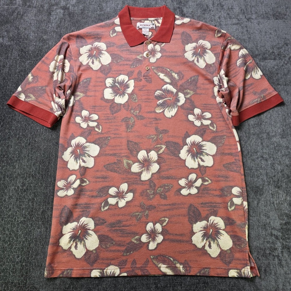 Vtg Summa Floral Polo Shirt Mens 2XLT Tall Red Pastel Hawaiian Beach Surf Golf